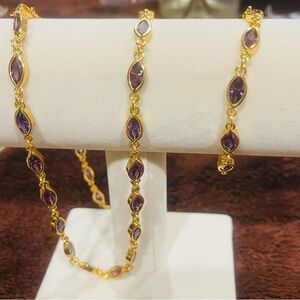 Gold-Tone Necklace and Bracelet Set with Purple Marquise Stones